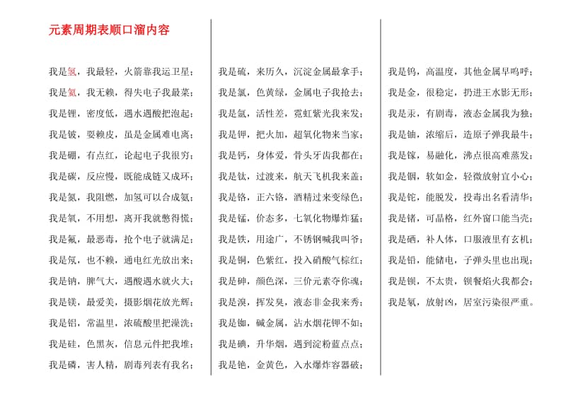 元素周期表顺口溜内容docx