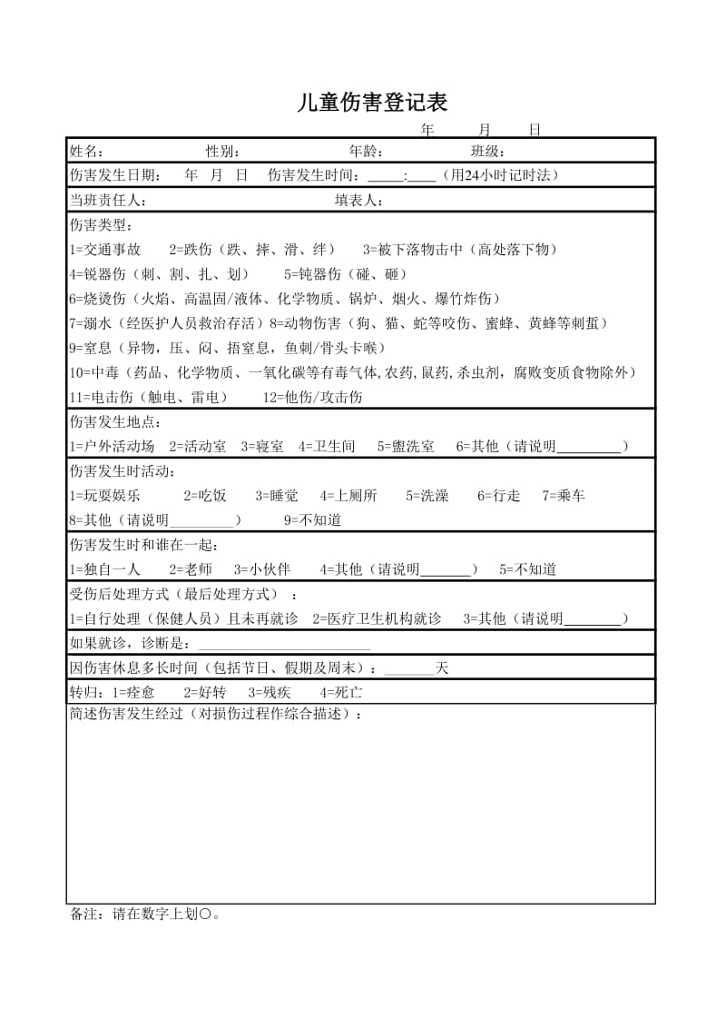 幼儿园托育托儿所儿童伤害登记表xls