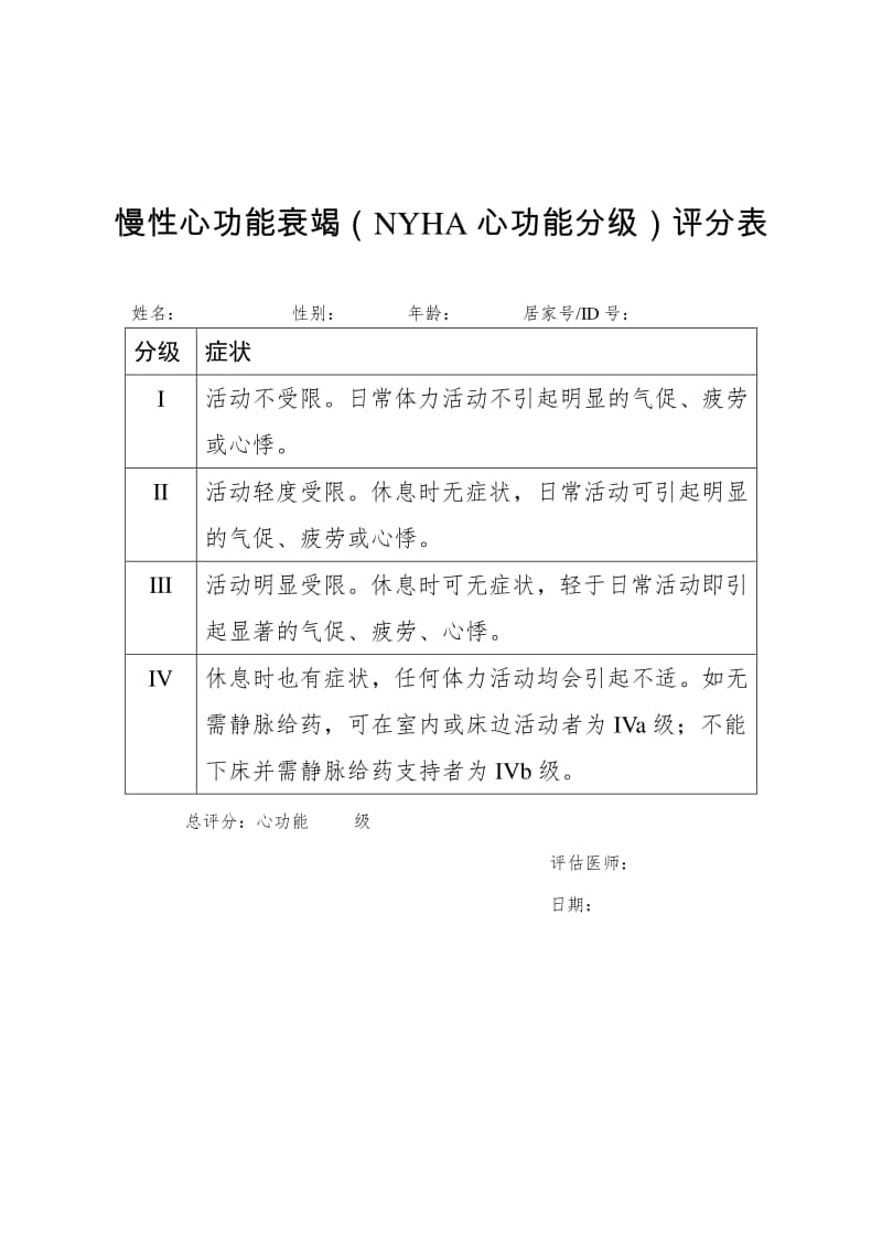 慢性心功能衰竭nyha心功能分级评分表2020年版docx