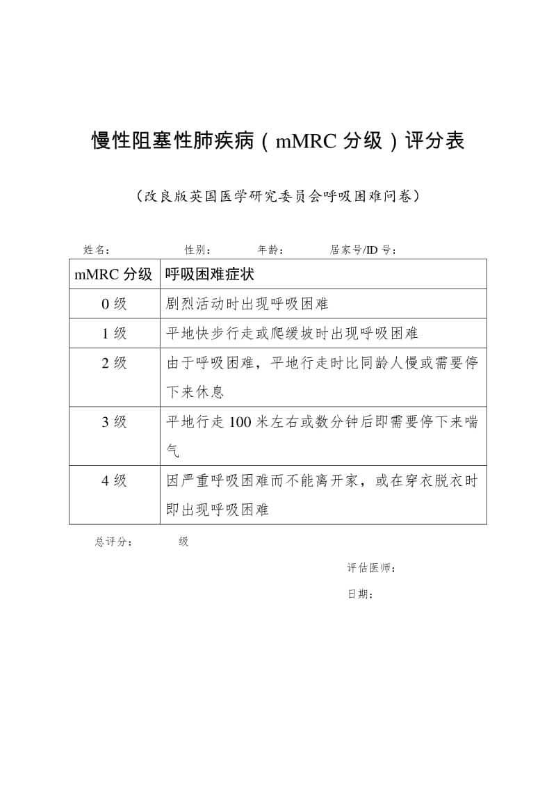 慢性阻塞性肺疾病mmrc分级评分表2020年版docx
