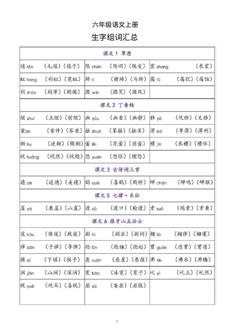 小学语文部编版六年级上册每课生字组词汇总(全册).pdf