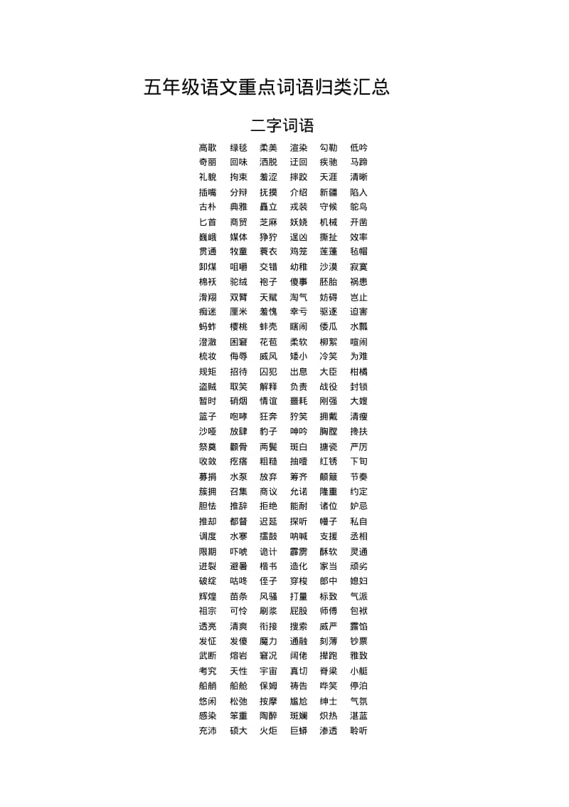 部编版小学语文五年级下册重点词语归类汇总pdf