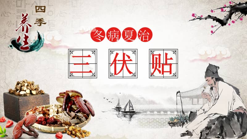 复古医院医疗药材中国风三伏贴动态ppt模板课件pptx