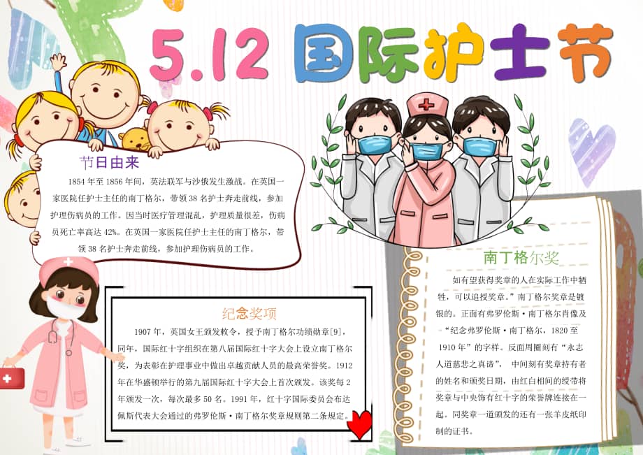 5月12日国际护士节手抄报白色清新插画风护士节节日由来手抄报小报.