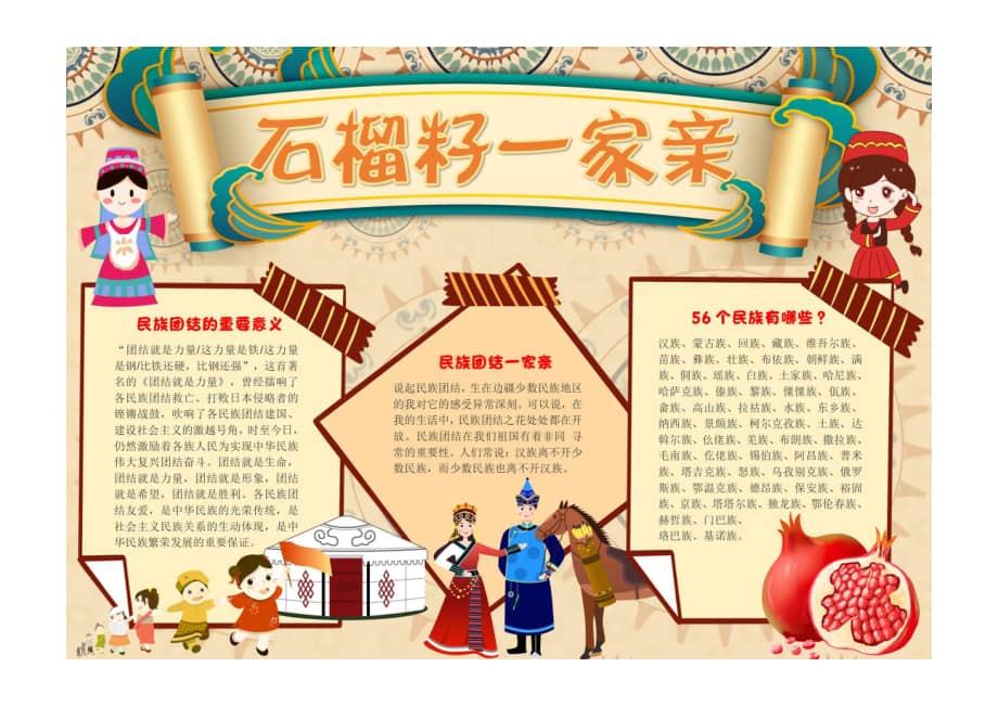 石榴籽一家亲手抄报童趣民族风民族团结的重要意义小报模板彩色有字.