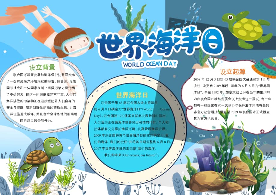 世界海洋日手抄报卡通海洋风节日介绍小报docx