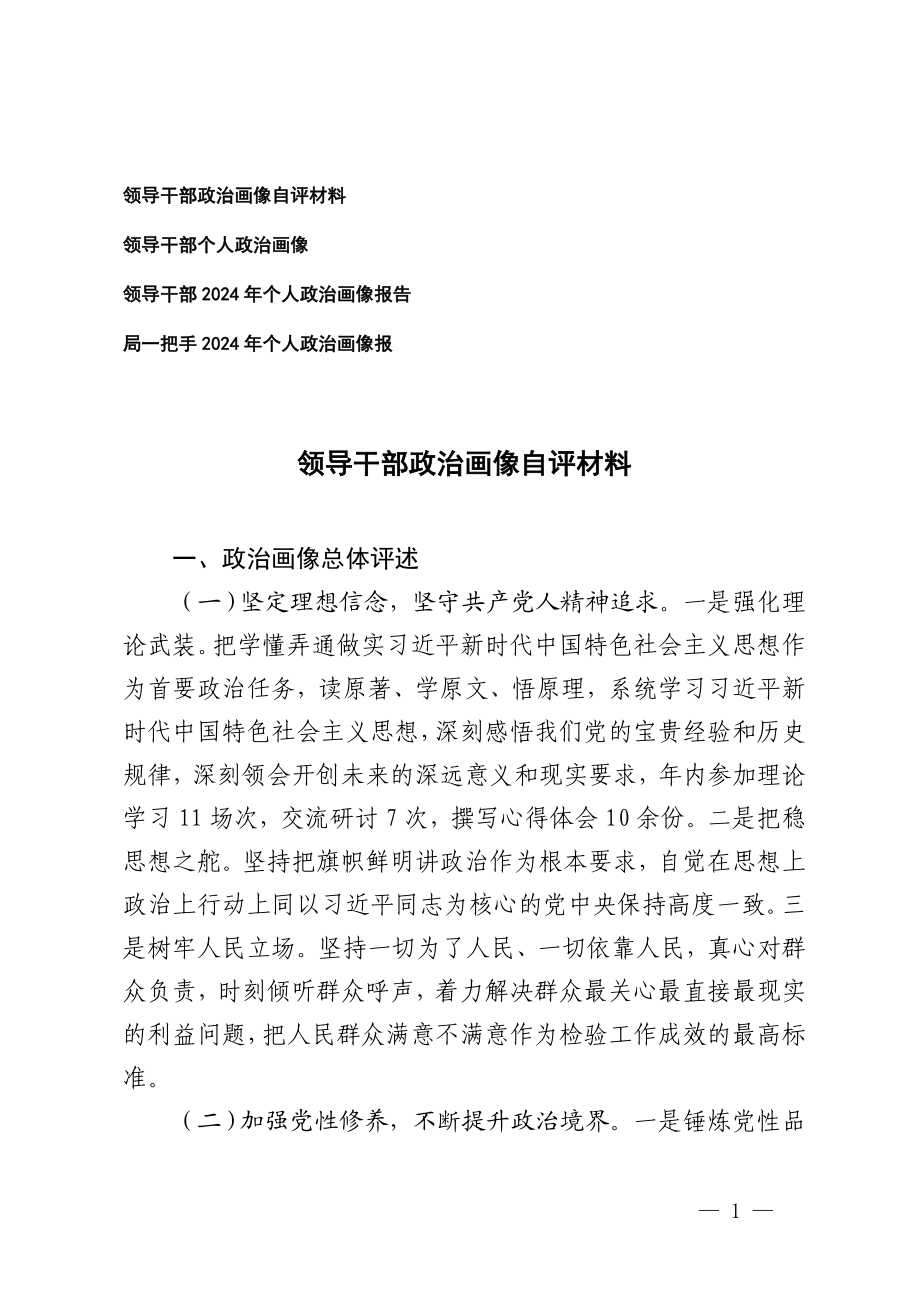 领导干部政治画像自评材料一把手2024年个人政治画像报告.doc