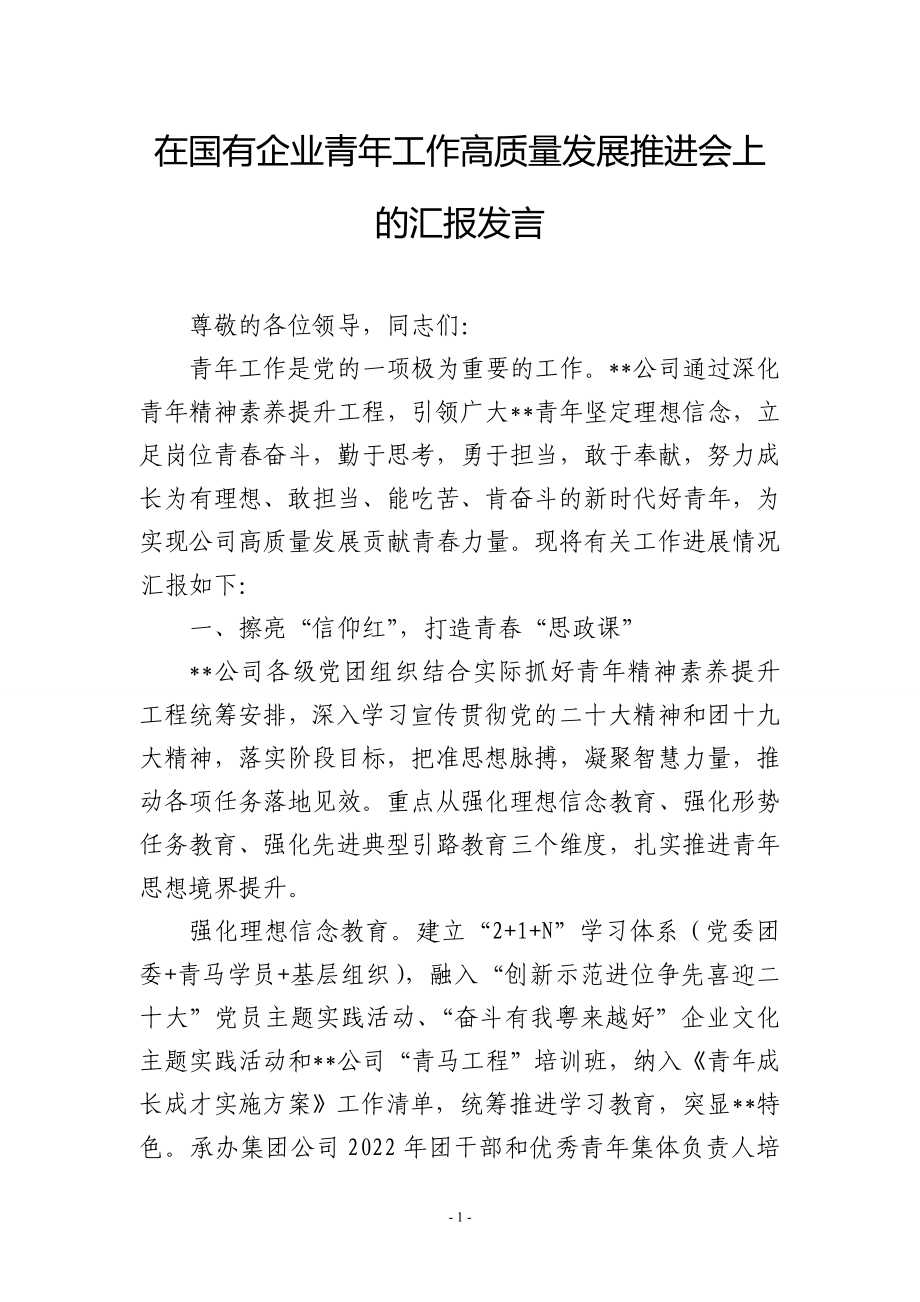 在国有企业青年工作高质量发展推进会上的汇报发言.doc