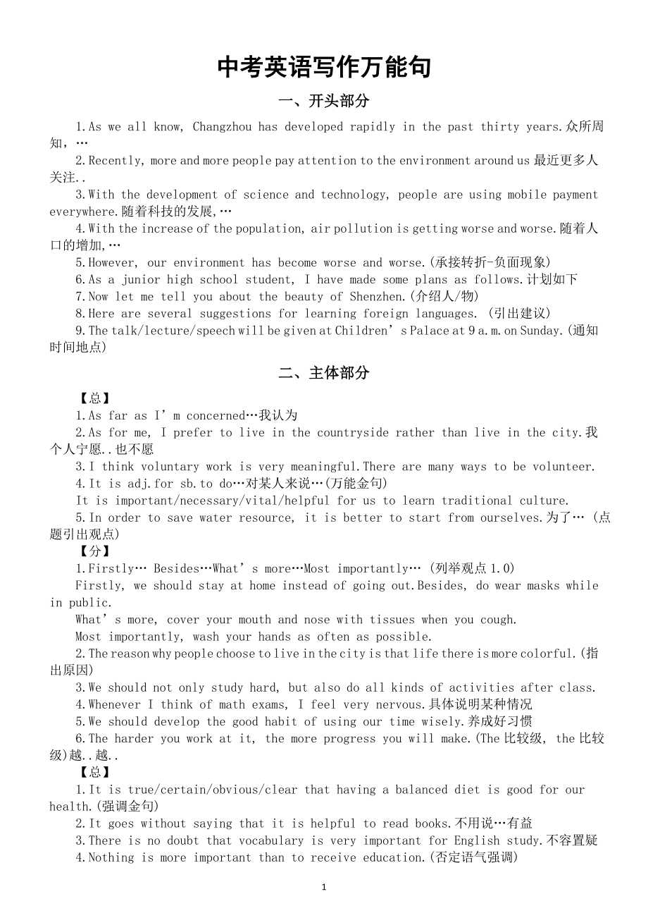 初中英语2024届中考写作万能句(开头 主体 结尾 谚语).doc